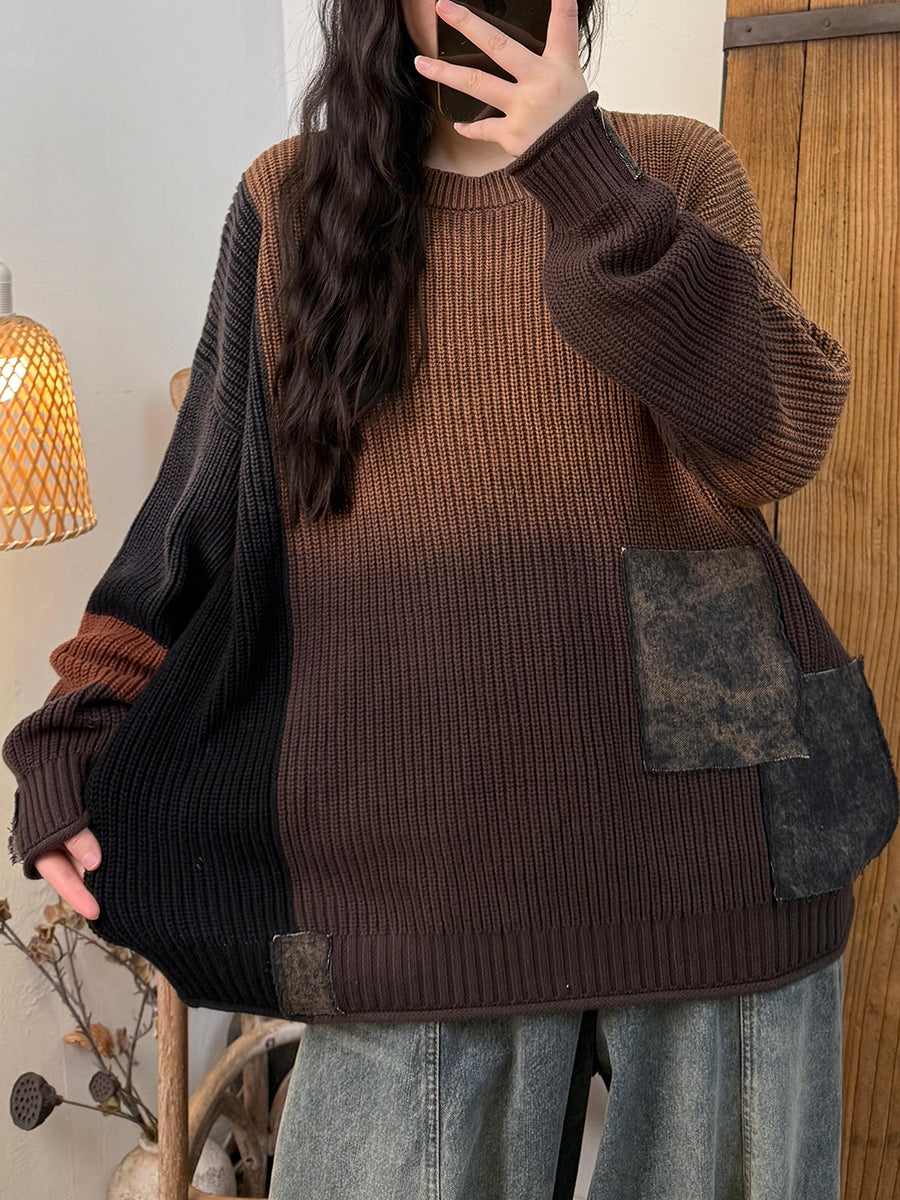 Women Autumn Retro Colorblock Knitted Patchwork O-Neck Sweater