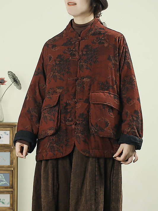 Women Winter Ethnic Flower Stand Collar Padded Coat