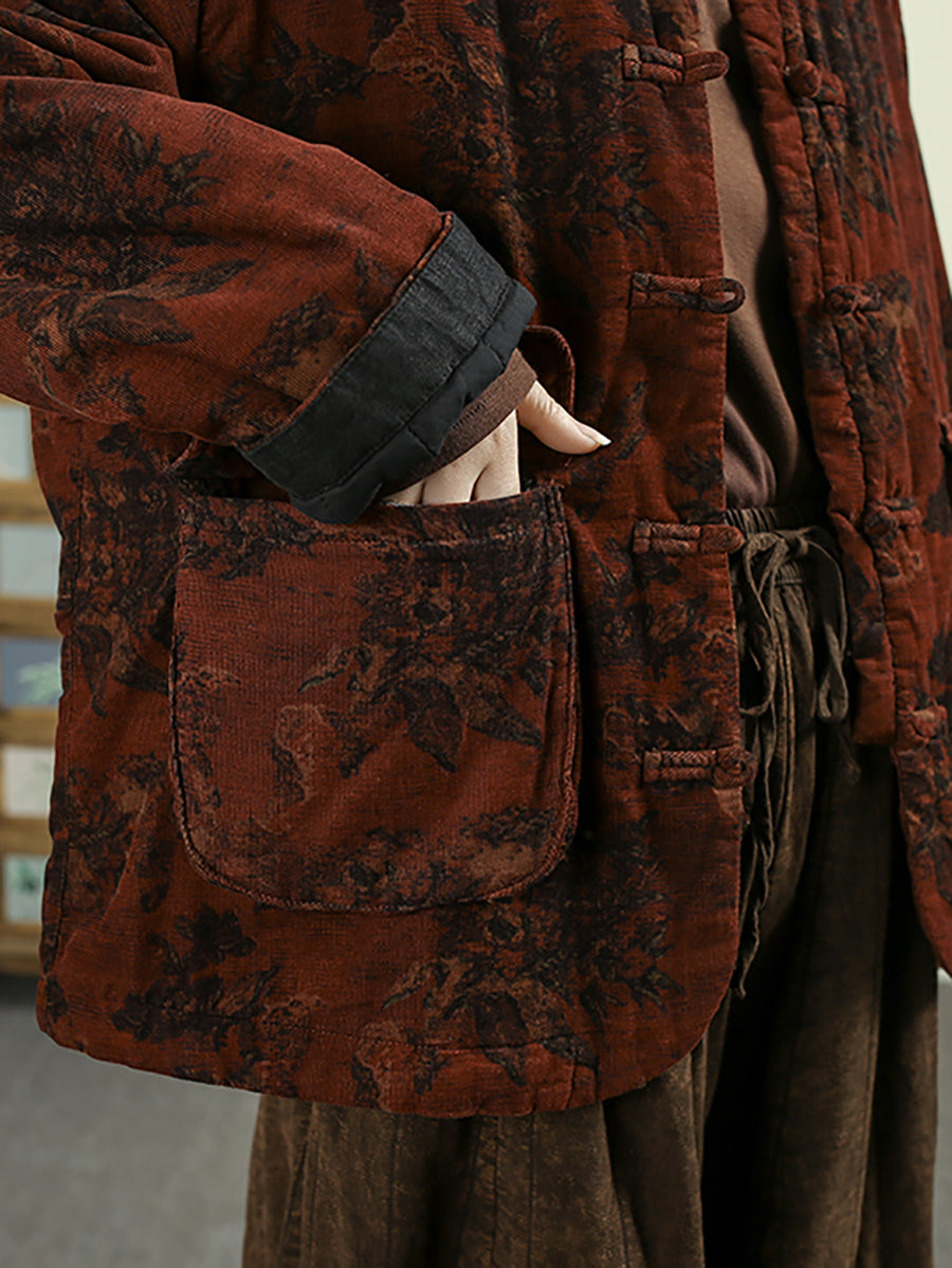 Women Winter Ethnic Flower Stand Collar Padded Coat