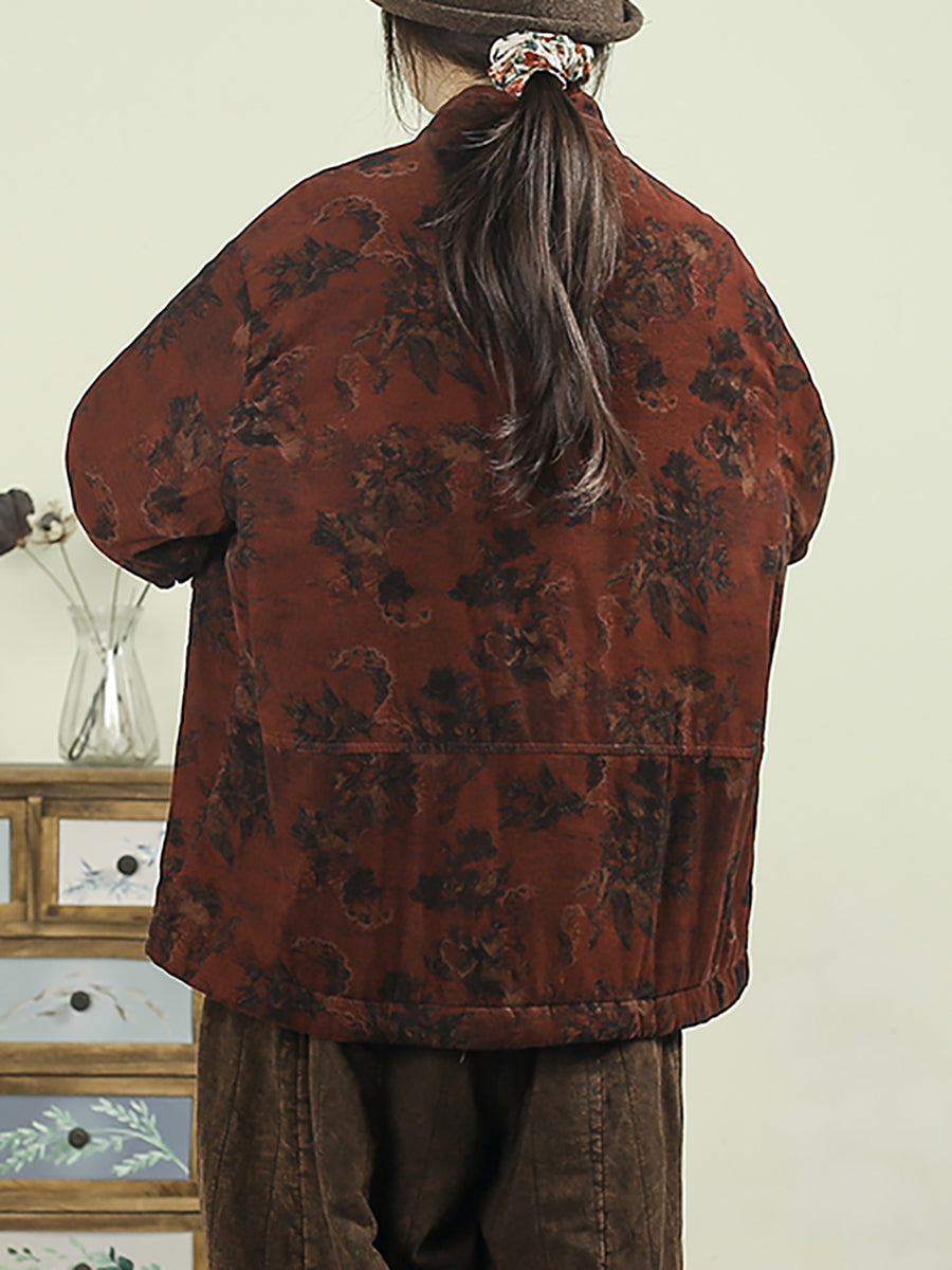 Women Winter Ethnic Flower Stand Collar Padded Coat