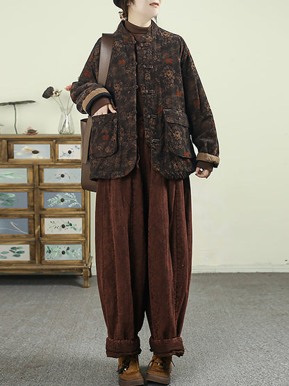 Women Winter Ethnic Flower Stand Collar Padded Coat