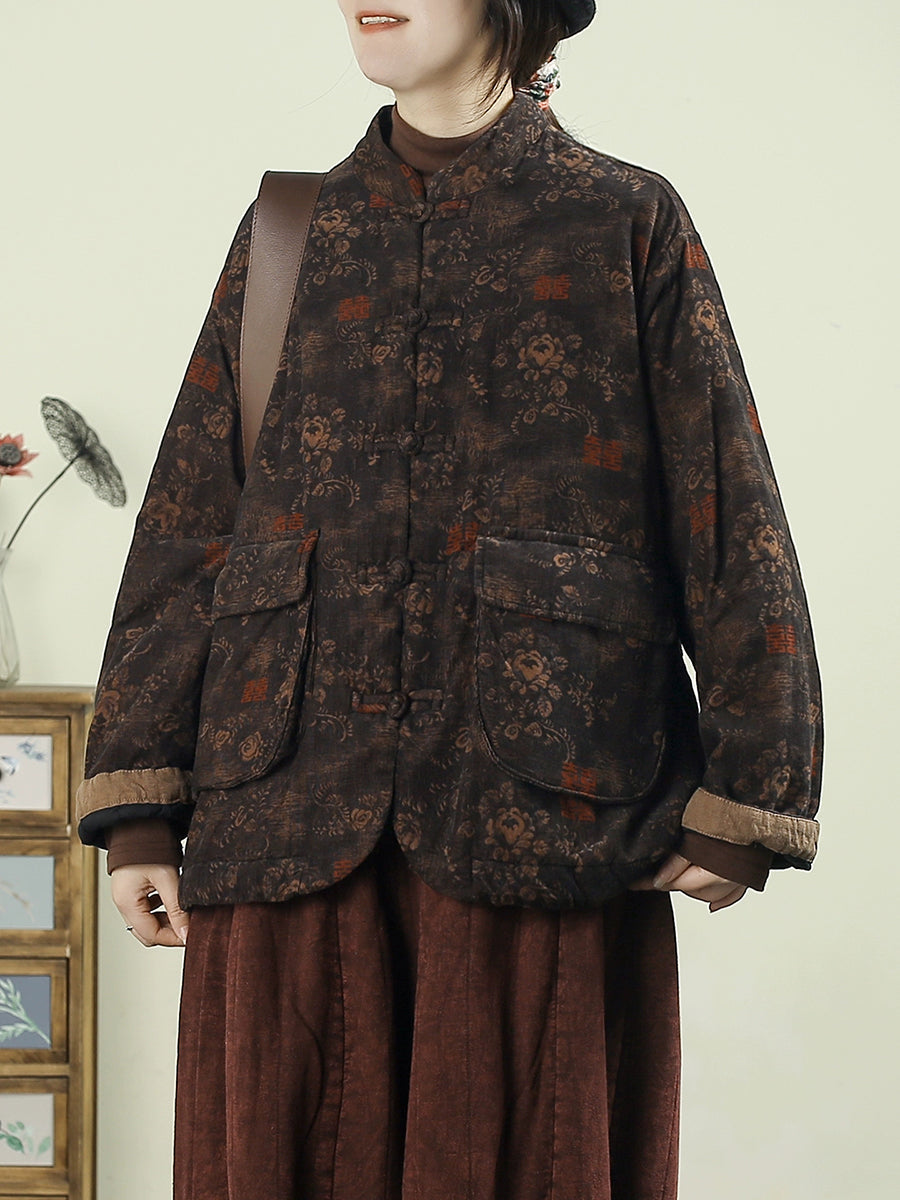 Women Winter Ethnic Flower Stand Collar Padded Coat