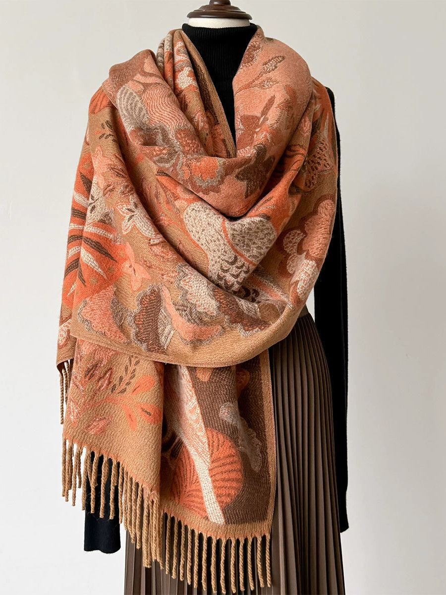 Women Ethnic Flower Winter Tassel Shawl Scarf