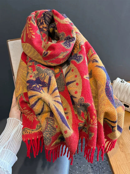 Women Ethnic Flower Winter Tassel Shawl Scarf