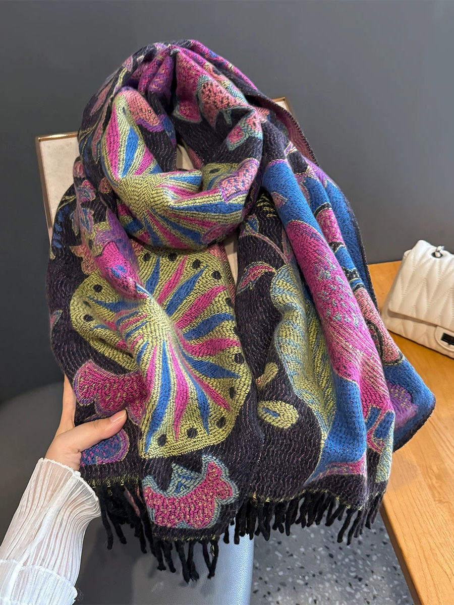 Women Ethnic Flower Winter Tassel Shawl Scarf