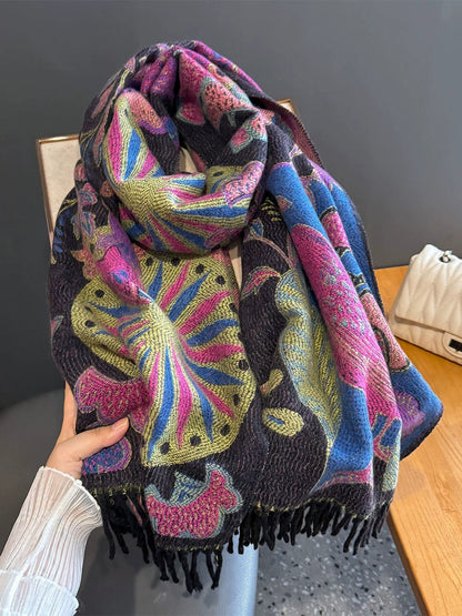 Women Ethnic Flower Winter Tassel Shawl Scarf