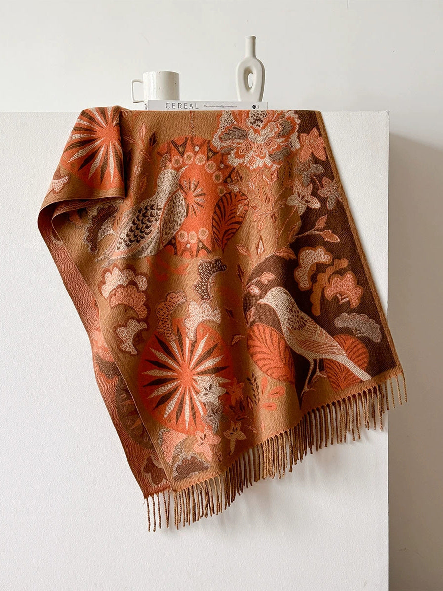 Women Ethnic Flower Winter Tassel Shawl Scarf