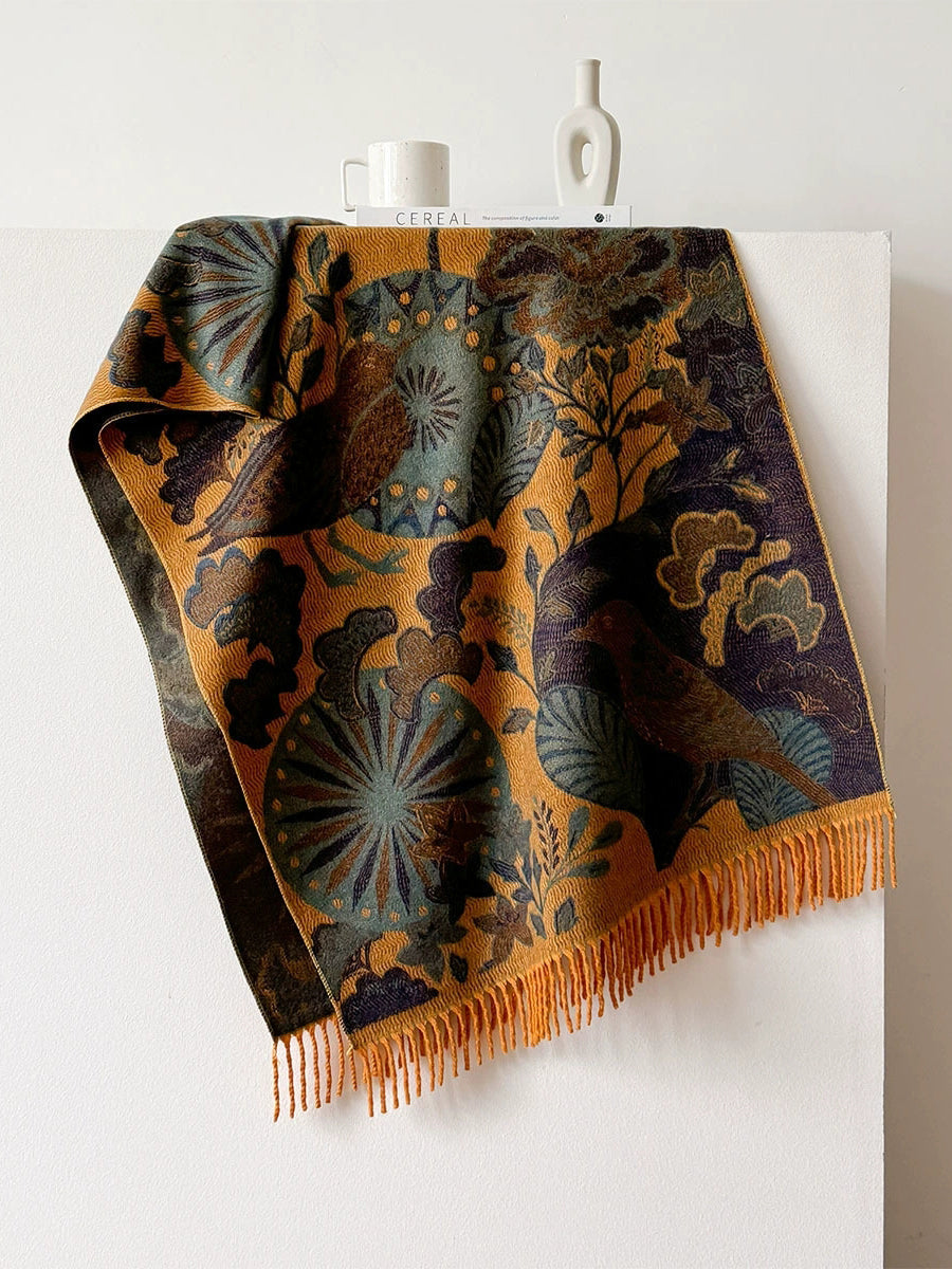 Women Ethnic Flower Winter Tassel Shawl Scarf