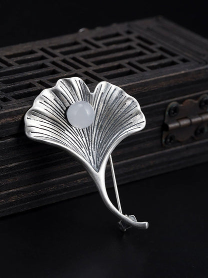 Vintage S925Silver Ginkgo Jade Brooch