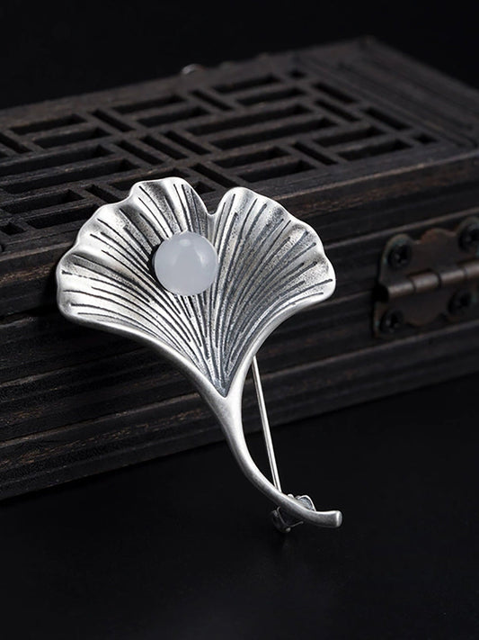 Vintage S925Silver Ginkgo Jade Brooch
