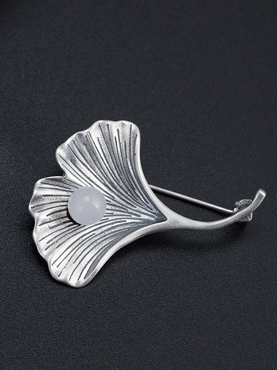 Vintage S925Silver Ginkgo Jade Brooch