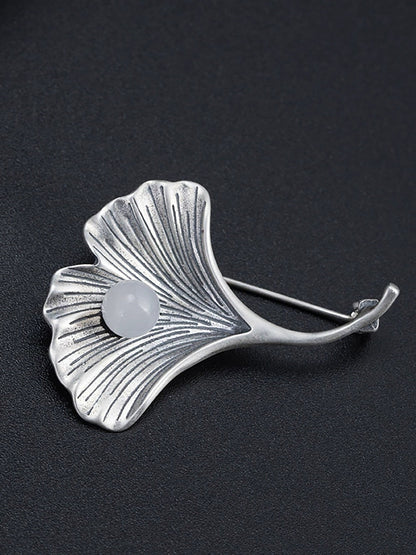 Vintage S925Silver Ginkgo Jade Brooch