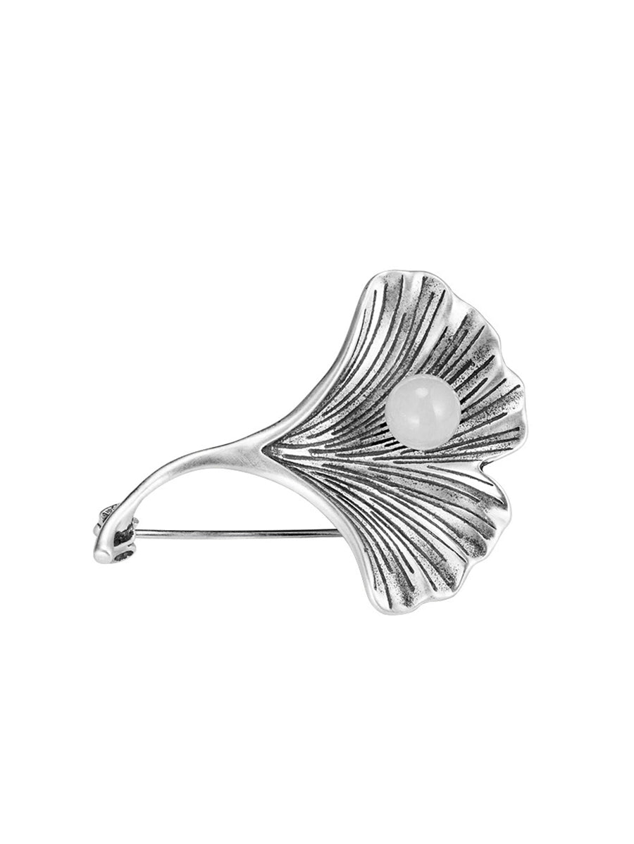 Vintage S925Silver Ginkgo Jade Brooch