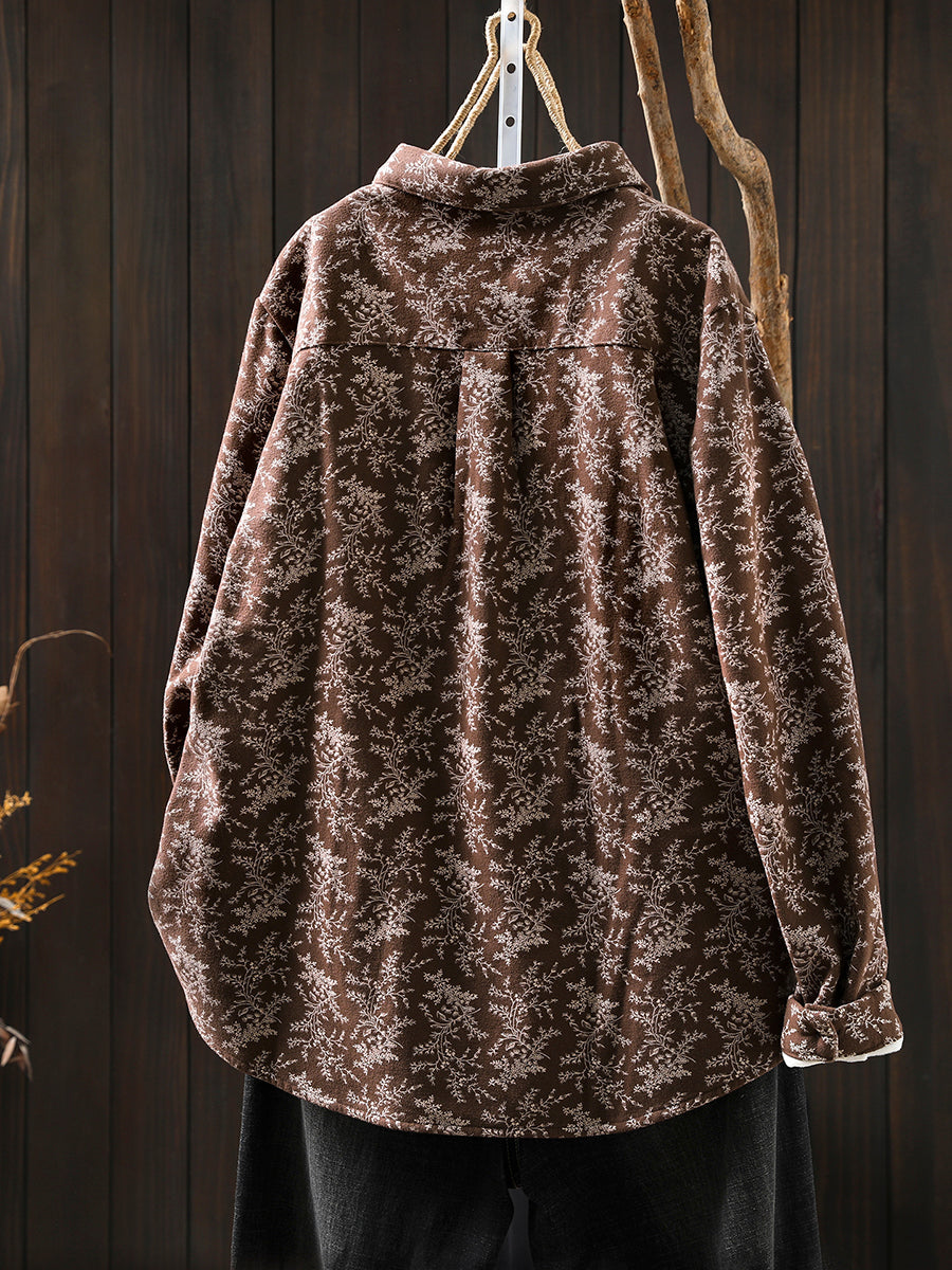 Women Winter Artsy Floral Fleece-lined 100%Cotton Shirt