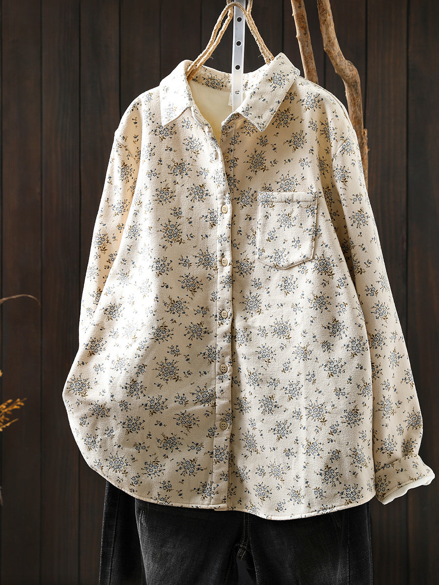 Women Winter Artsy Floral Fleece-lined 100%Cotton Shirt