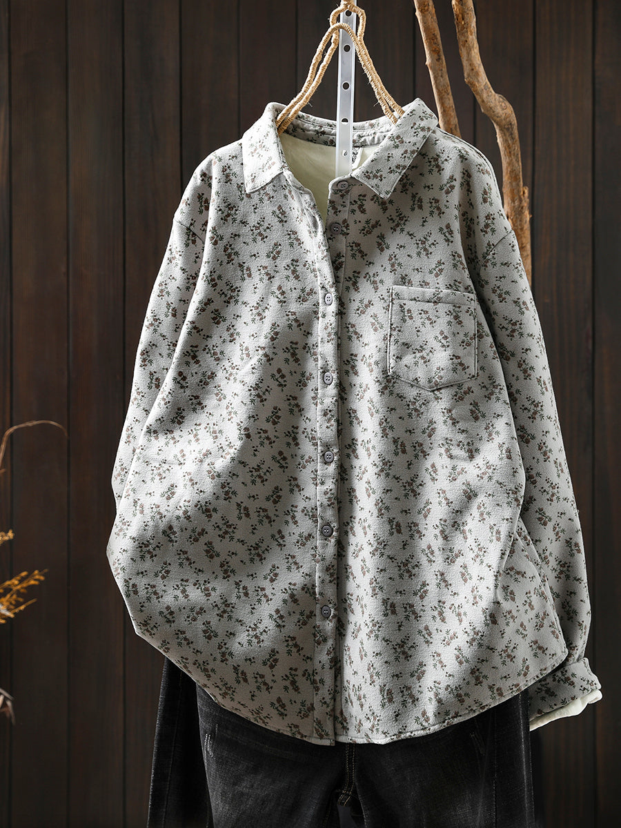 Women Winter Artsy Floral Fleece-lined 100%Cotton Shirt
