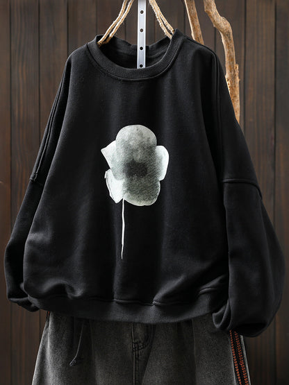 Women Artsy Pure Color Flower O-Neck Fleece-lined Blouse