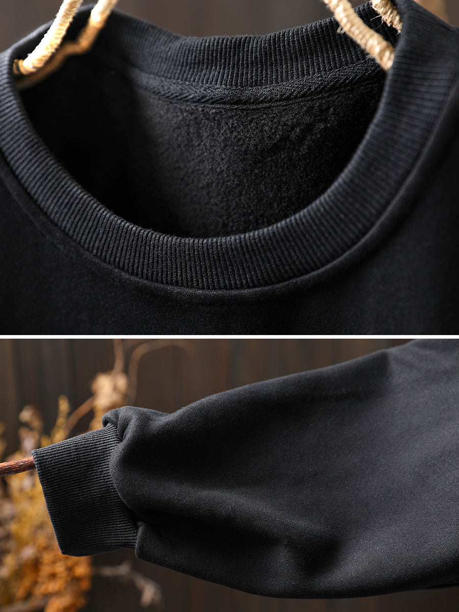 Women Artsy Pure Color Flower O-Neck Fleece-lined Blouse