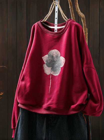 Women Artsy Pure Color Flower O-Neck Fleece-lined Blouse
