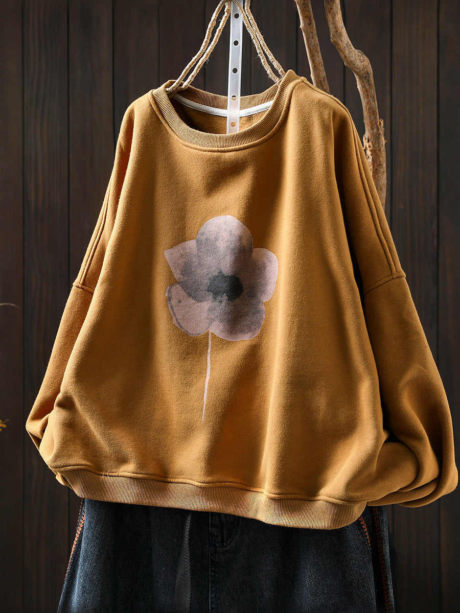 Women Artsy Pure Color Flower O-Neck Fleece-lined Blouse