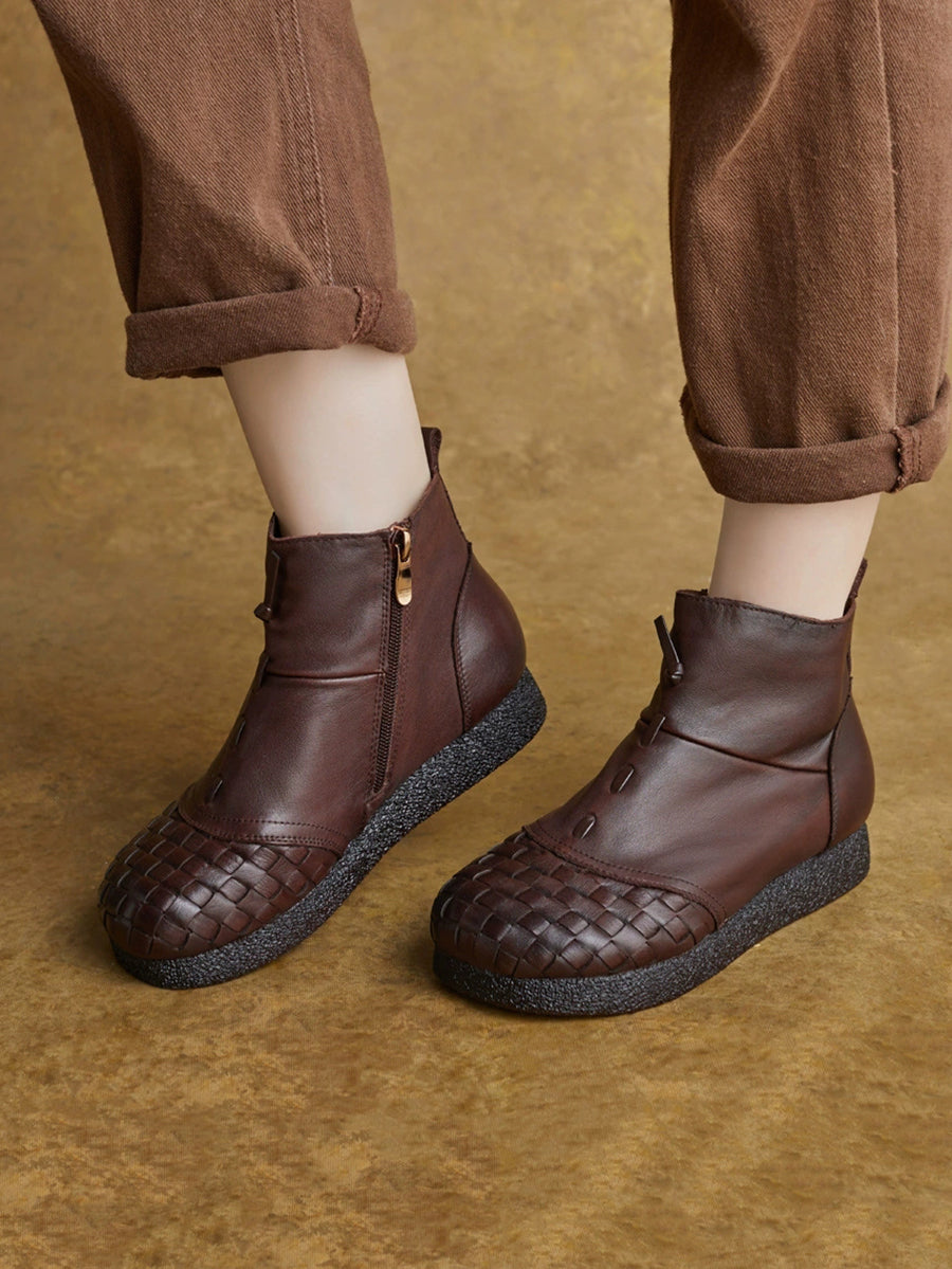 Women Winter Genuine Leather Spliced Flat Ankle Boots