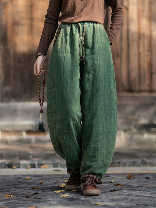 Women Vintage Pure Color Ramie Padde Harem Pants