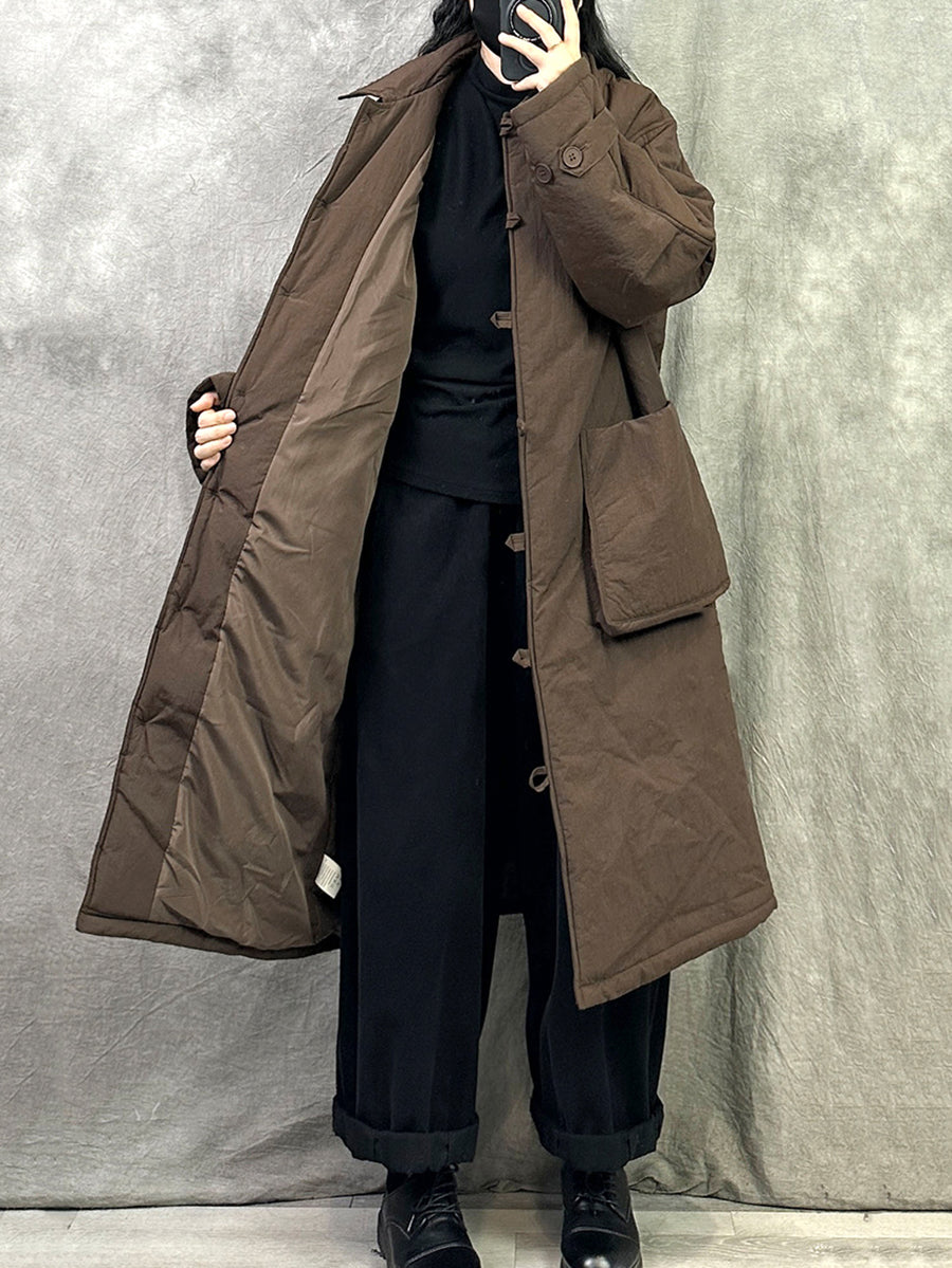 Women Winter Pure Color Padded Turn-down Collar Long Coat