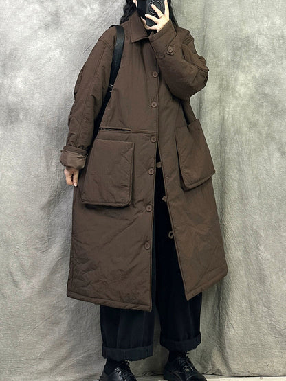 Women Winter Pure Color Padded Turn-down Collar Long Coat