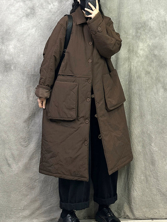 Women Winter Pure Color Padded Turn-down Collar Long Coat