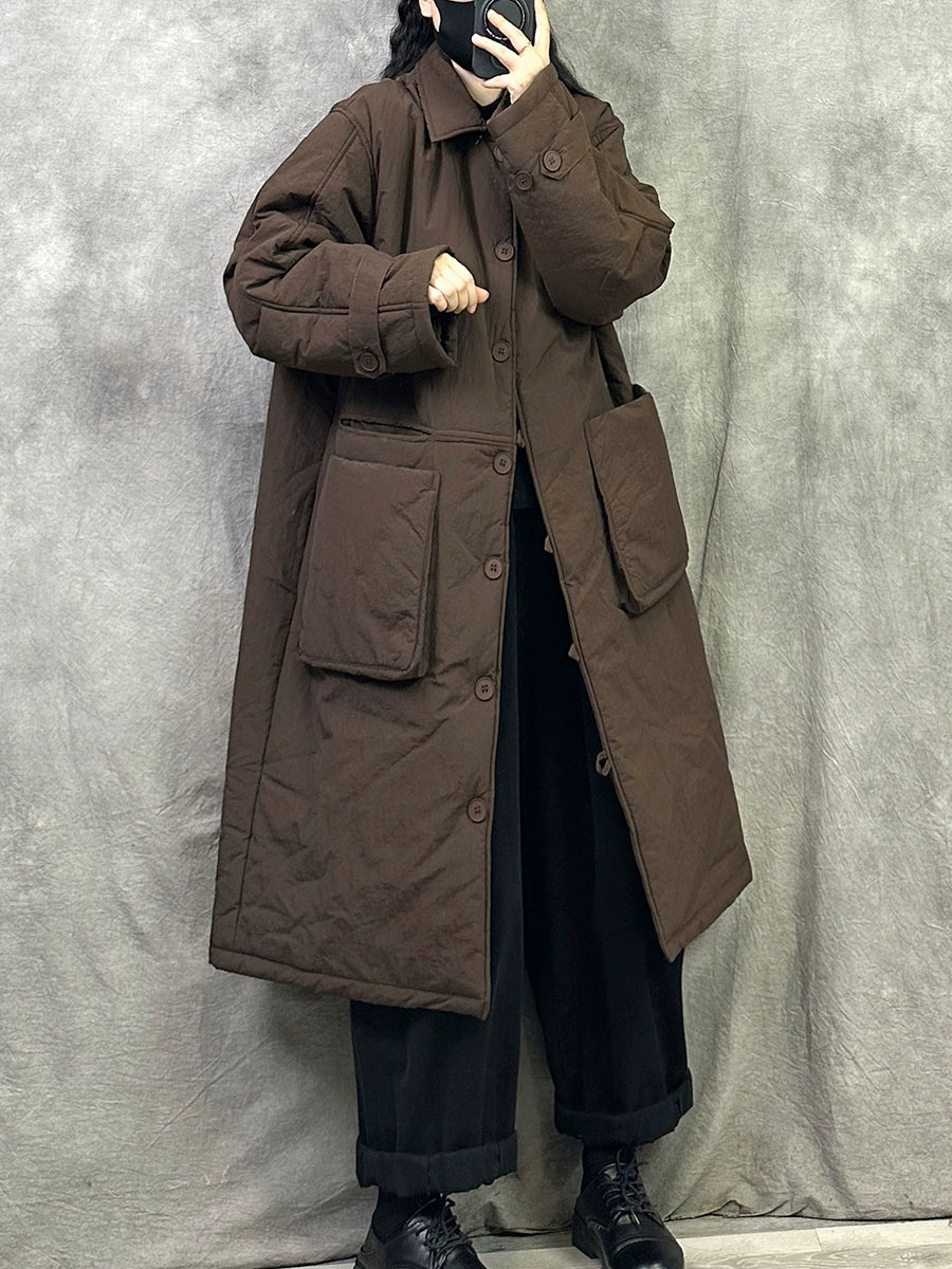 Women Winter Pure Color Padded Turn-down Collar Long Coat