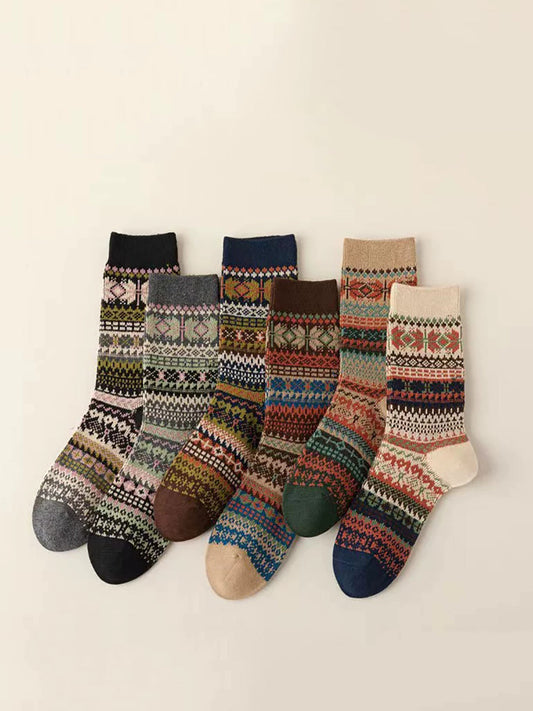 6 Pairs Women Vintage Winter Stripe Cotton Socks