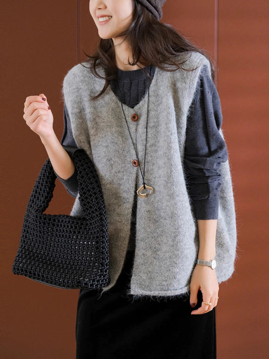 Women Winter Casual Pure Color V-Neck Wool Vest