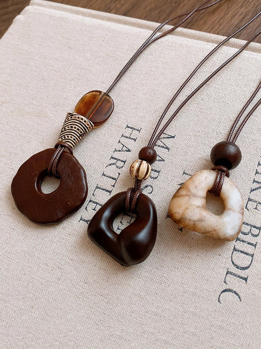 Irregular Geometric Wood Bead Resin Pendant Necklace