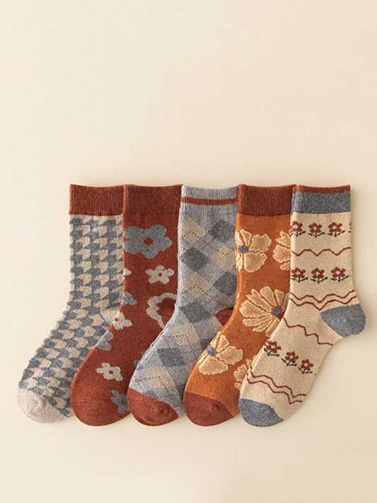 5 Pairs Women Vintage Flower Warm Socks