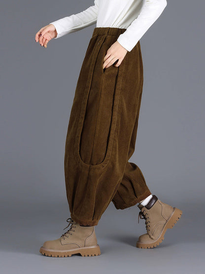 Plus Size Women Winter Casual Pure Color Corduroy Harem Pants