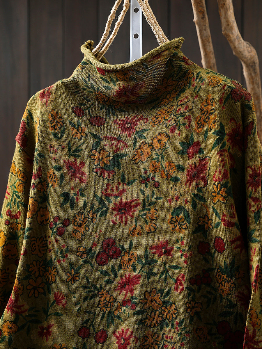 Women Vintage Autumn Flower Half-Turtleneck Sweater