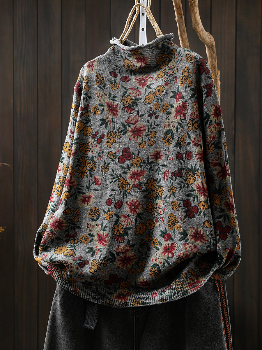 Women Vintage Autumn Flower Half-Turtleneck Sweater