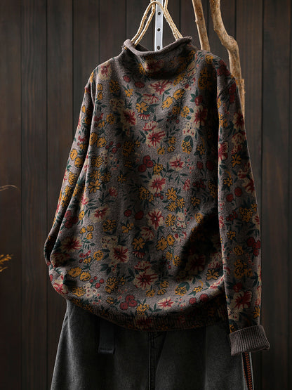 Women Vintage Autumn Flower Half-Turtleneck Sweater
