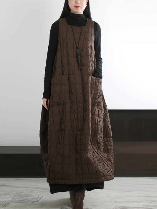 Plus Size Women Autumn Casual Pure Color Padded Vest Dress