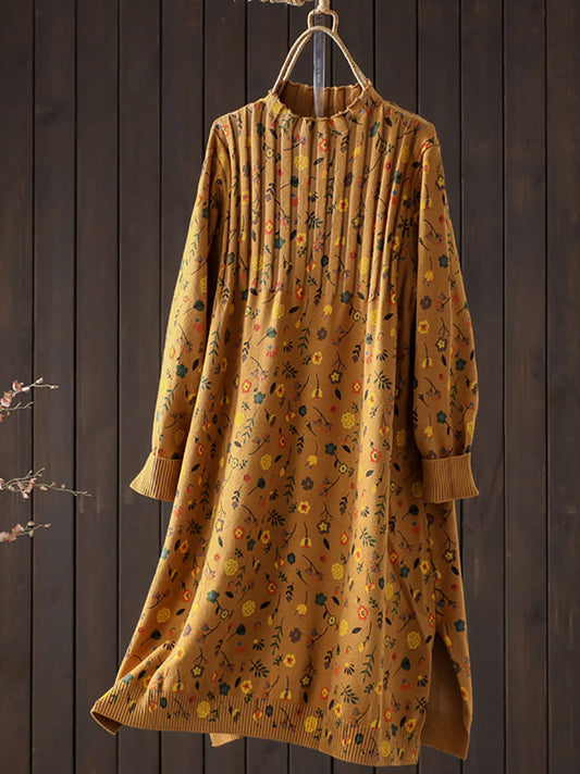 Women Autumn Vintage Flower Half-Turtleneck Knitted Dress