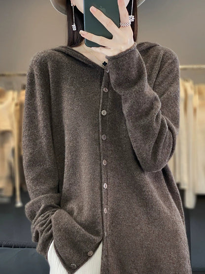 Women Autumn Casual Pure Color Knitted Hooded Sweater