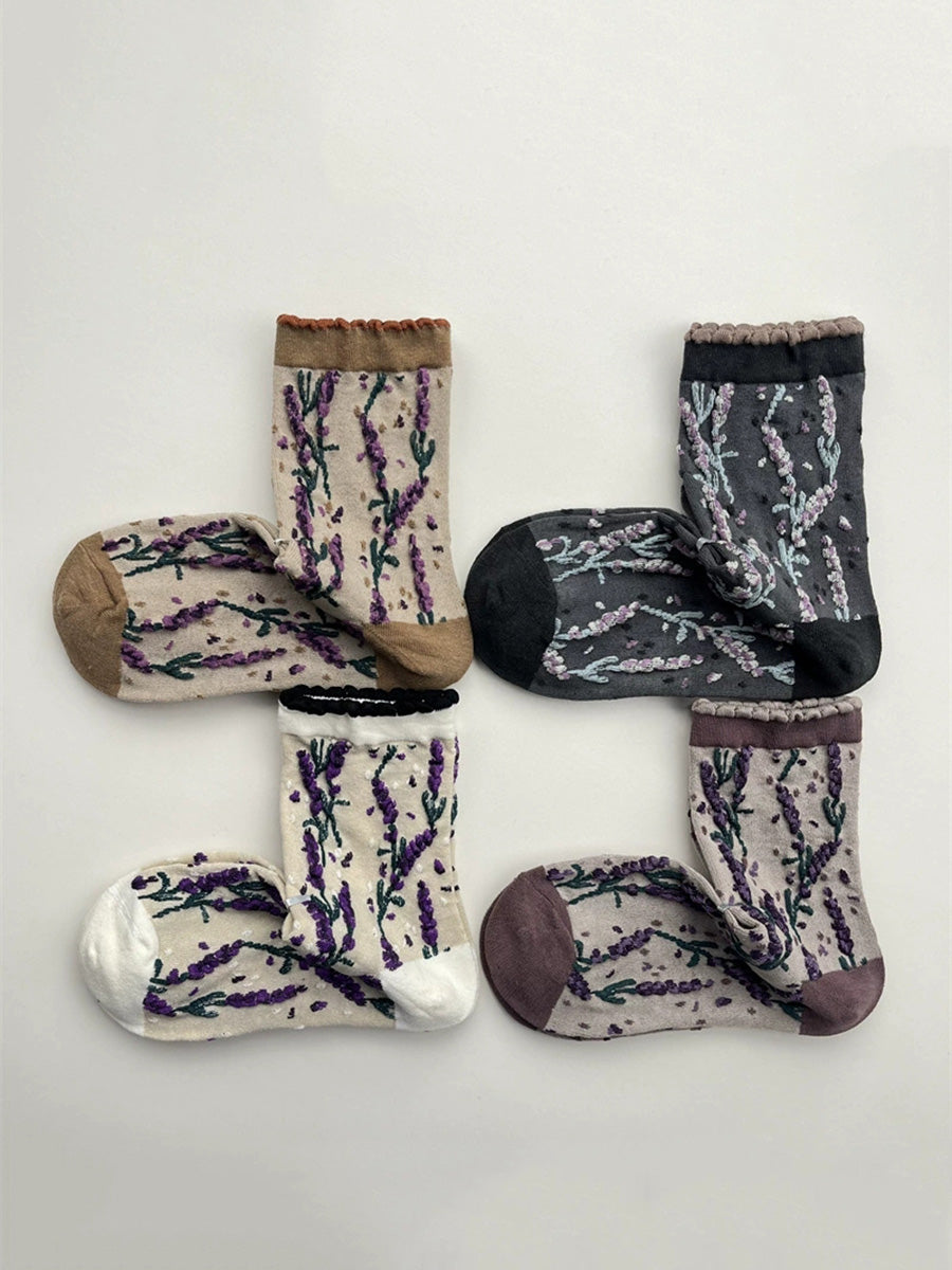 5 Pairs Women Winter Flower Jacquard Cotton Socks