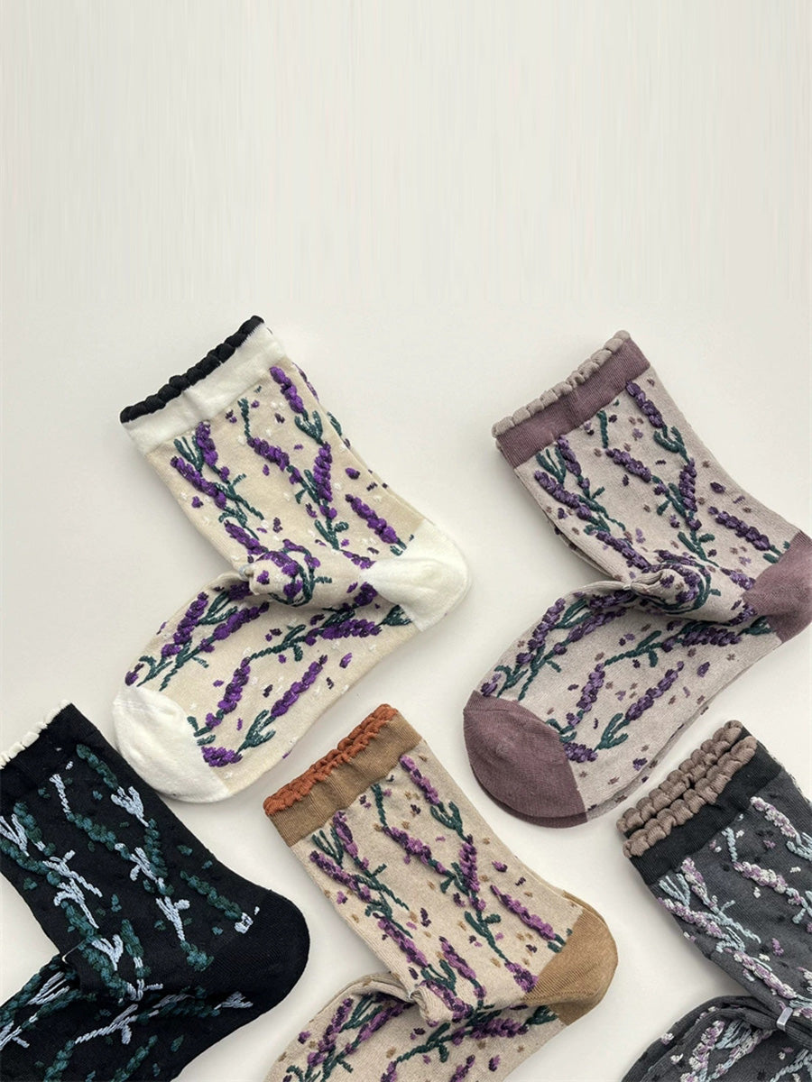 5 Pairs Women Winter Flower Jacquard Cotton Socks