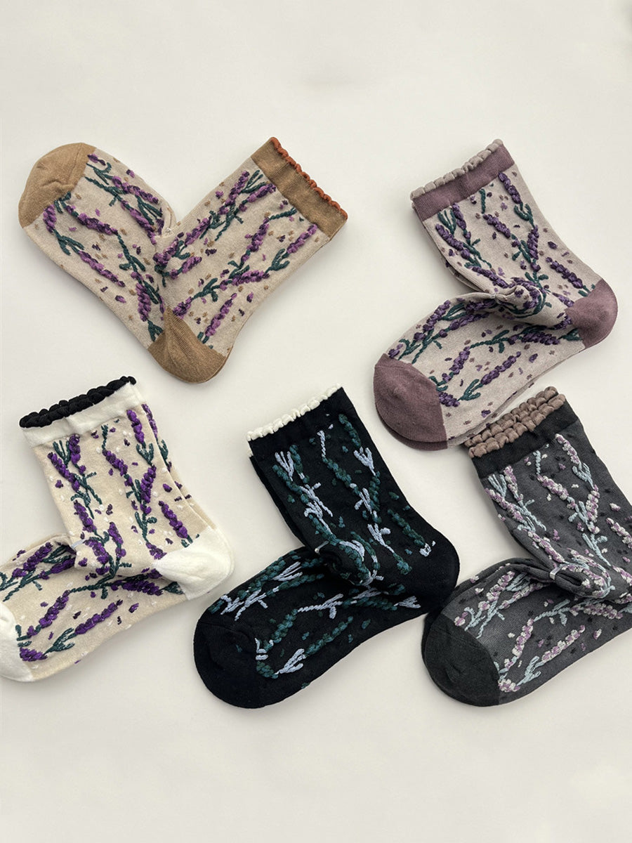 5 Pairs Women Winter Flower Jacquard Cotton Socks