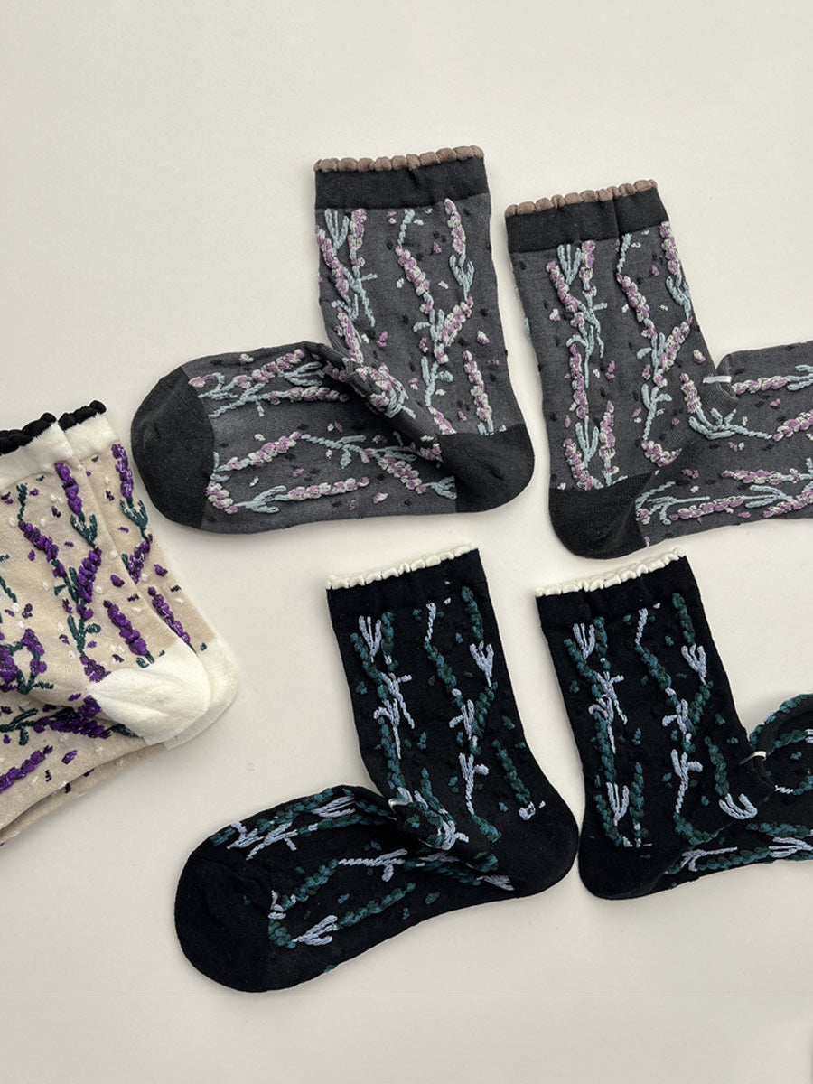5 Pairs Women Winter Flower Jacquard Cotton Socks