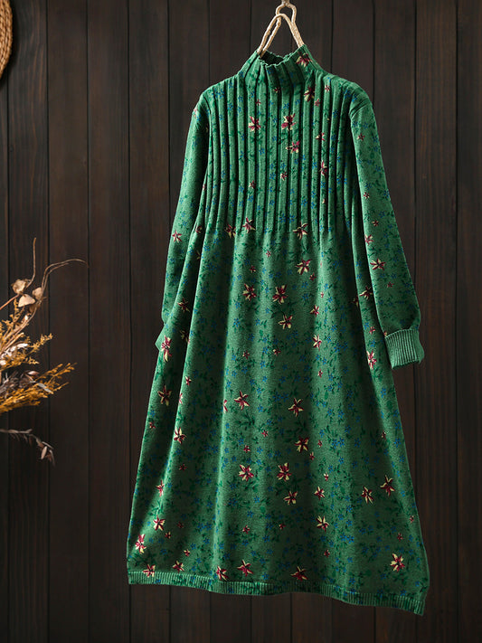 Women Autumn Vintage Floral Half-Turtleneck Knitted Dress