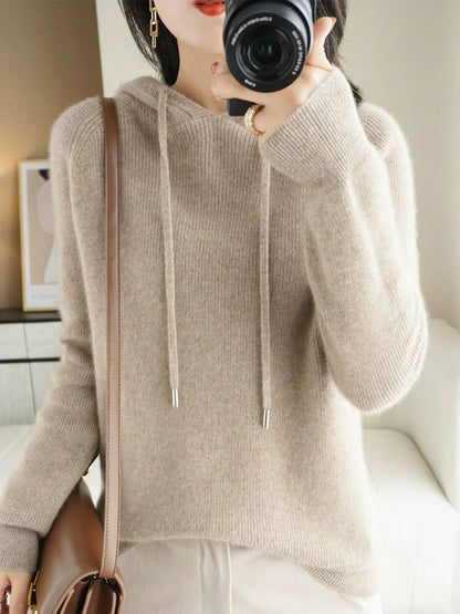 Women Autumn Casual Pure Color Hooded Sweater