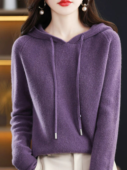 Women Autumn Casual Pure Color Hooded Sweater