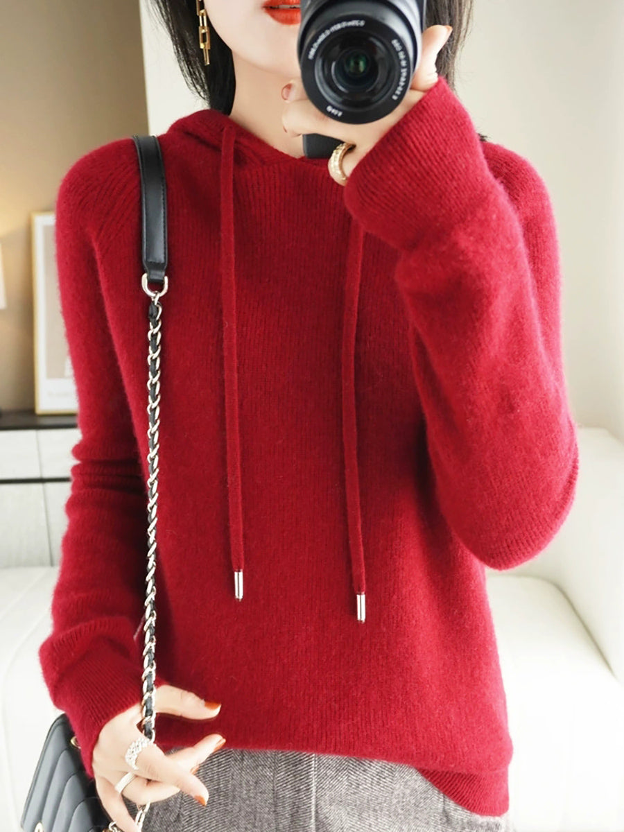 Women Autumn Casual Pure Color Hooded Sweater