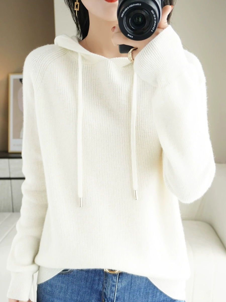 Women Autumn Casual Pure Color Hooded Sweater